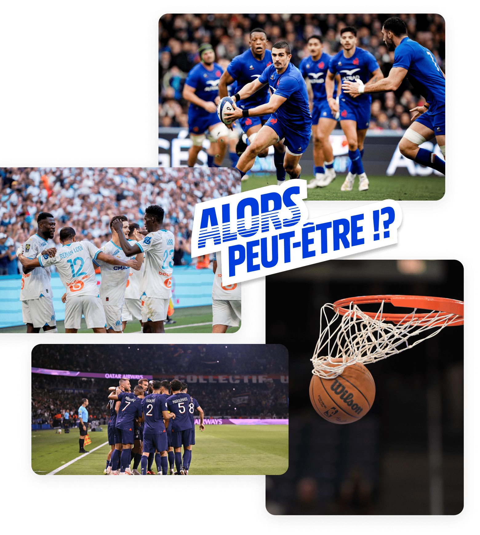 Plusieurs équipes jouent au football, rubgy et un panier de basket.